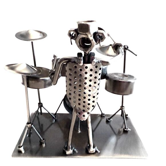 Steam Punk Drummer Musician Metal Figurine Unique Gift Drum Cymbal Bass 7" - Picture 3 of 11